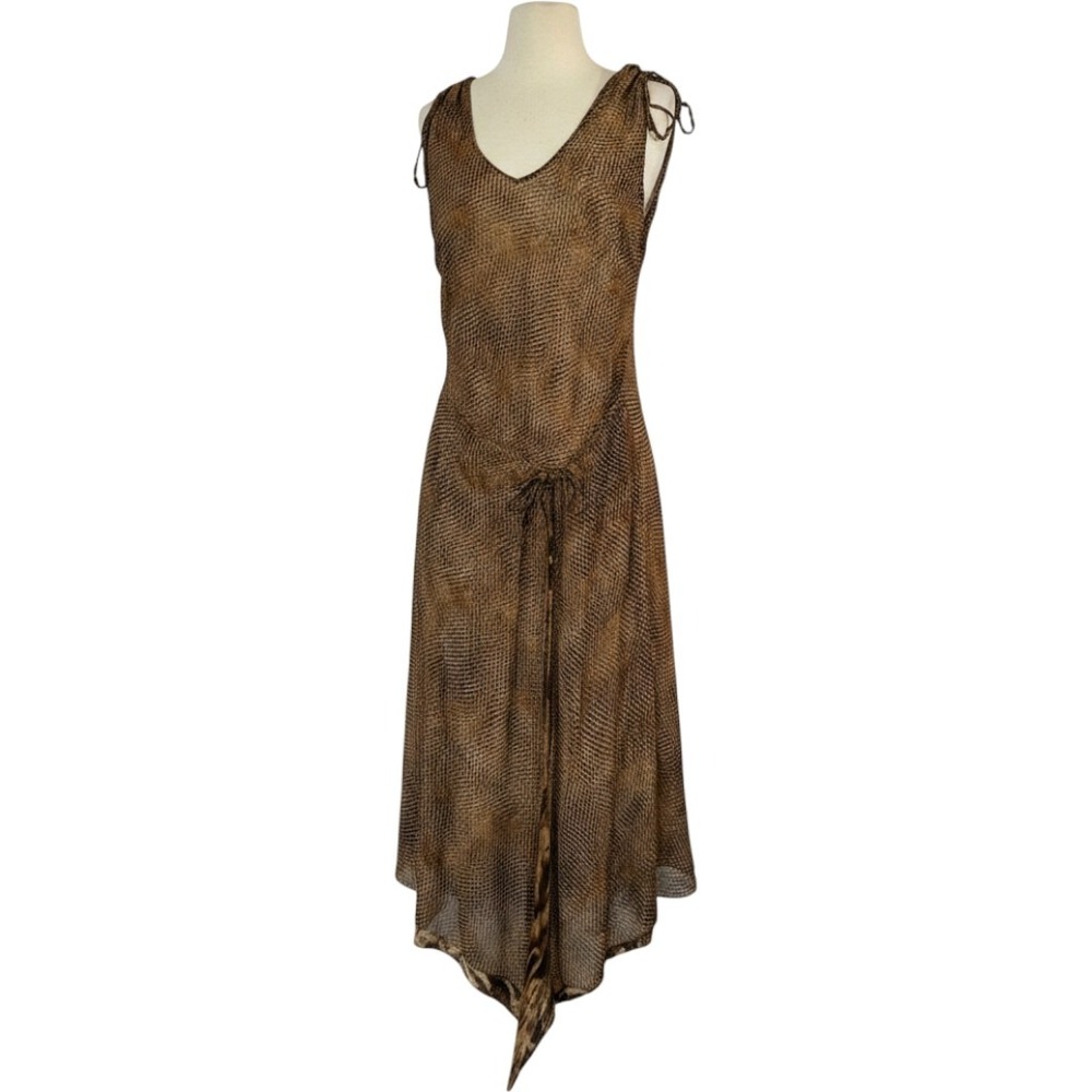 Vintage Newport News Silk Snakeskin Print Midi Dress Brown V-Neck SZ 14